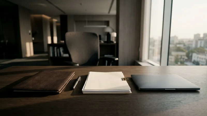Aufgeräumter Schreibtisch mit Mappe, Unterlagen und Laptop